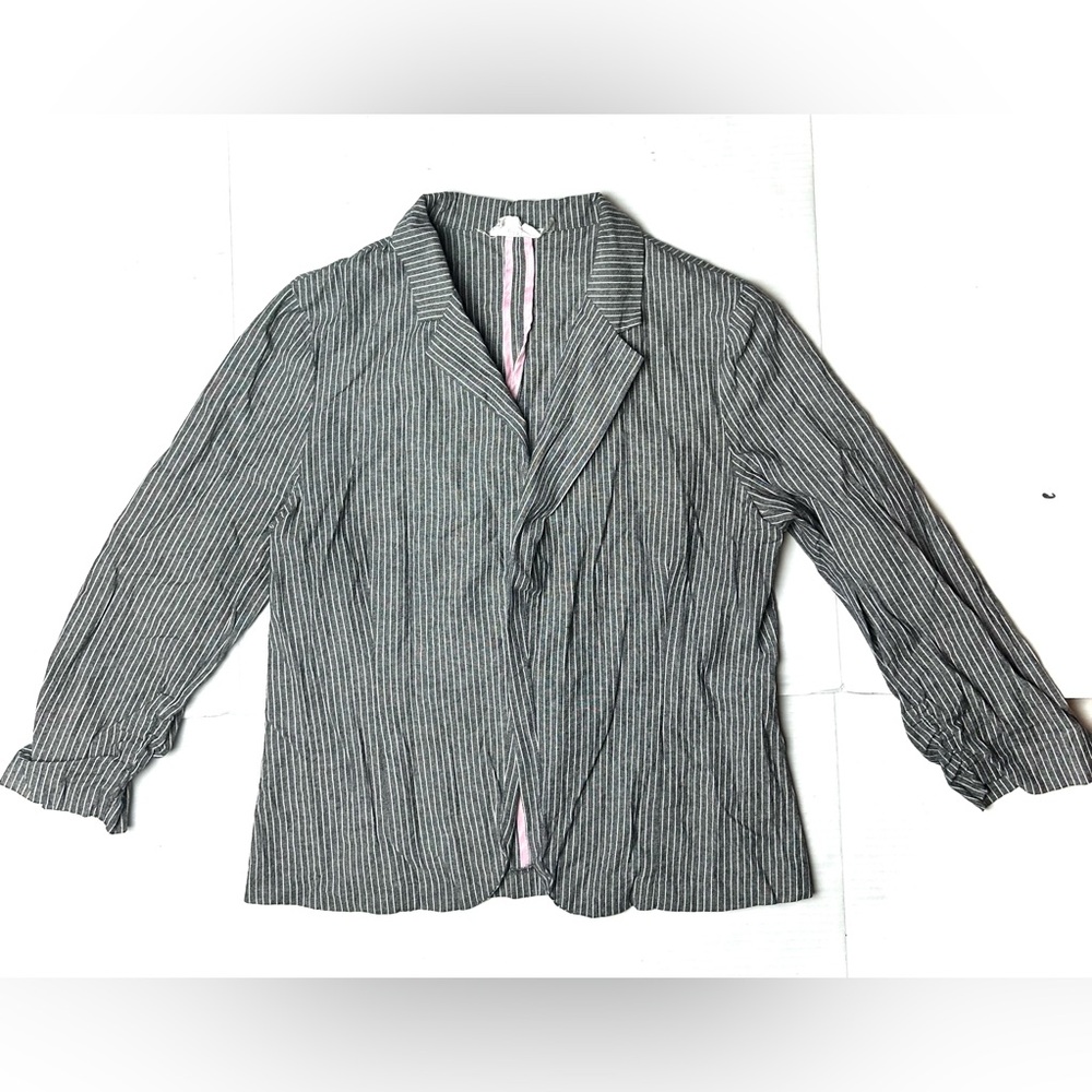 Have Striped Blazer Womens Large Open Front Black White Cotton Ruched Sleeves